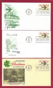 1974 10c Christmas, Peace on Earth #1552, 3 FDCs, Various