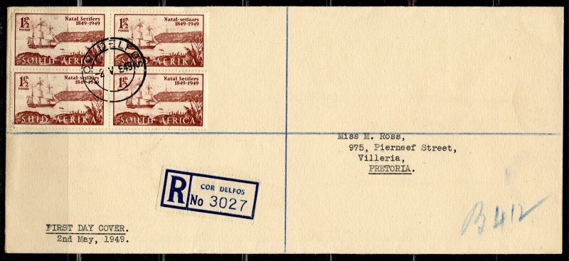 SOUTH AFRICA 1949 NATAL SETTLERS BLOCK ON REGISTERED FIRST DAY COVER
