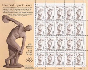 US Stamp - 1996 Centennial Olympics - 20 Stamp Sheet - Scott #3087