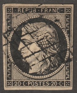 France, stamp, Scott#3,  used, hinged,  20c, #QF-03