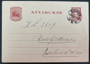 1929 Kaunas Lithuania Postal Stationery Postcard cover To Berlin Germany