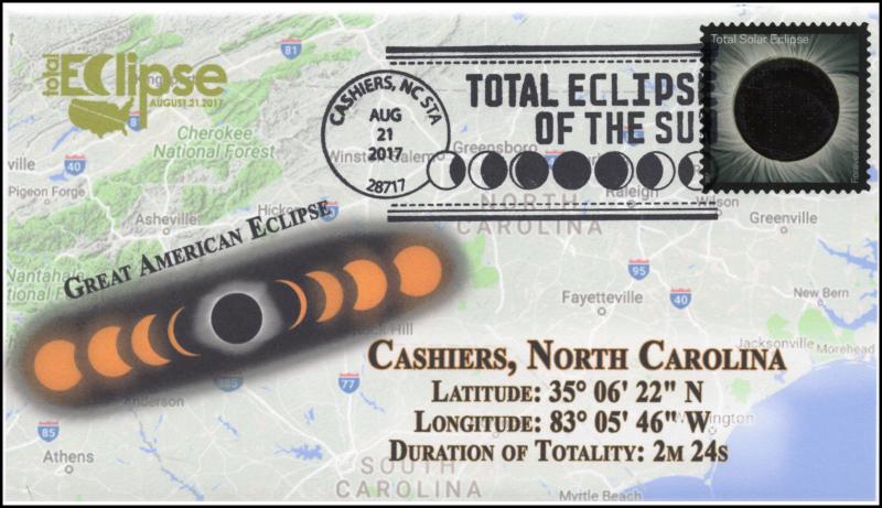 17-258, 2017, Total Solar Eclipse, Cashiers NC, Event Cover, Pictorial Cancel,  