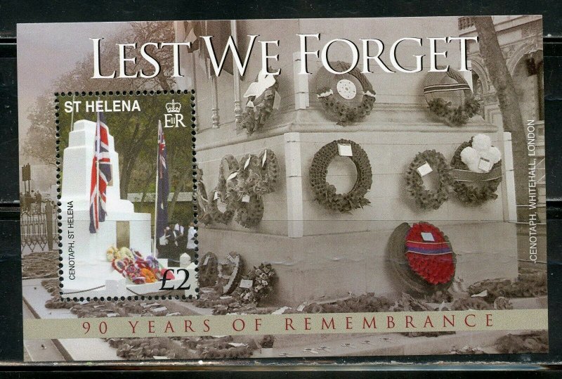 ST.HELENA LEST WE FORGET 90th ANN OF WORLD WAR I SCOTT #970/75 S/SHEET MINT NH