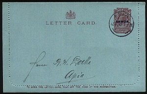 SAMOA 1915 NZ EVII 1d lettercard overprinted SAMOA - Apia cds..............24394