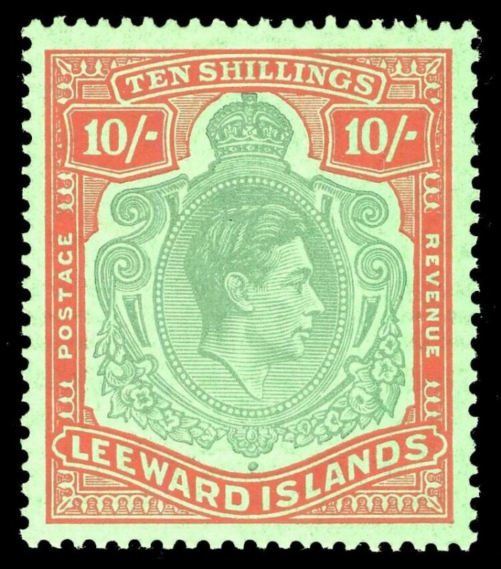 Leeward Islands 1947 KGVI 10s deep green & deep vermilion/green MNH. SG 113c.