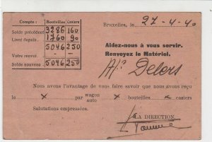 Leopold Brewery Brussels 1940 Invoice Postal Card Ref 31089