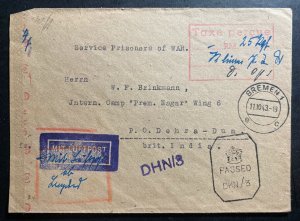 1943 Bremen Germany Censored Cover to Dehra Dun India Internment Camp POW