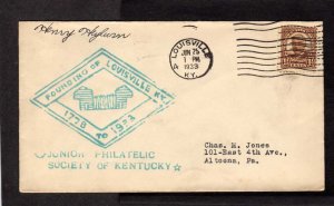 KY Founding of Louisville Kentucky Henry Heyburn Autograph 1933 Cover Altoona PA