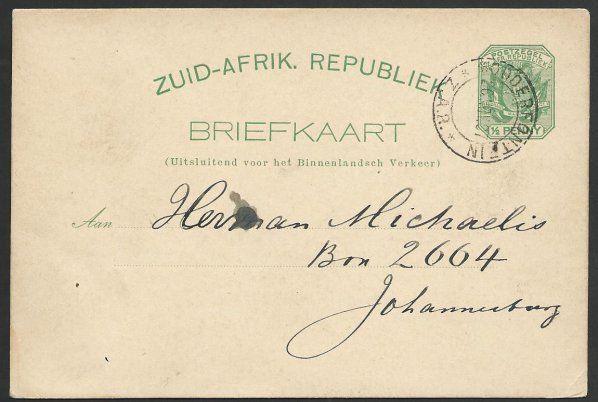 TRANSVAAL 1897 ½d postcard used MODDERSFONTEIN cds.........................49821