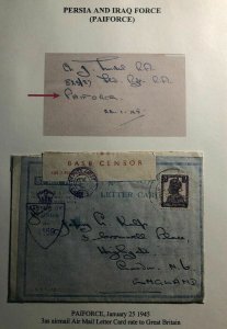 1945 Paiforce Iraq Indian Base Censored Air Letter Cover To London England