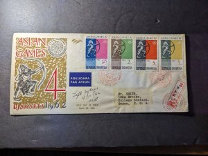 1962 Indonesia Airmail First day Cover FDC Djakarta to TX USA 4th Asian Games