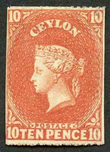 Ceylon SG34 10d Dull Vermilion Wmk Star Rough Perf 14 to 15.5 Mint (no gum)
