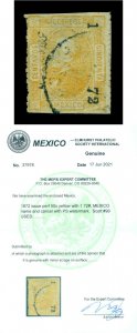 MEXICO 1872 HIDALGO  50c yellow  wmk. PS  Scott # 90 used Fine w/Cert. Scarce