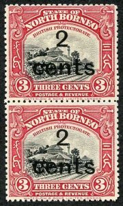 North Borneo SG186 1916 2 Cents on 3c Un-used No Gum Fine and Fresh PAIR