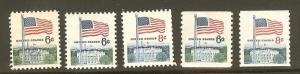 US Scott # 1338, 1338A, 1338D, 1338F, & 1338G American Flag Issue 1968-71  MNH  