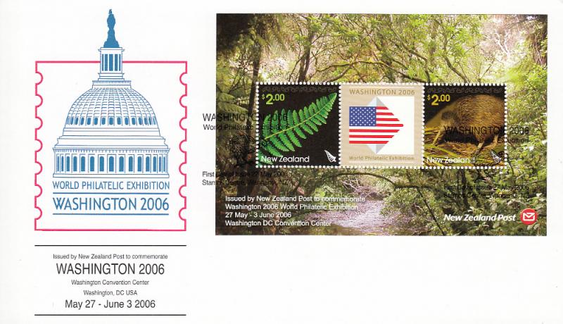 New Zealand 2006 FDC Washington World Philatelic Exhibition Sheet of 2 plus l...