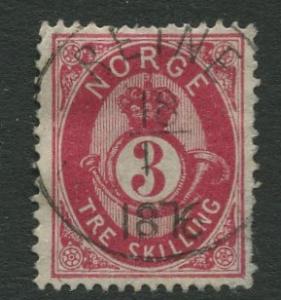 Norway - Scott 18a - Post Horn & Crown - 1872 - Used- Single 3s Stamp
