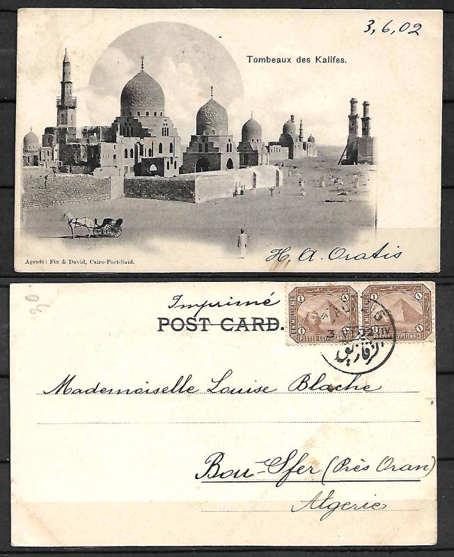 EGYPT STAMPS. 1902. POSTCARD TO ALGERIA