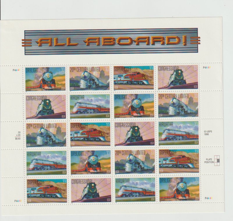 US Scott #3337a (3333-3337) All Aboard! Trains Sheet of 20 Stamps MLH 1 hinge MK