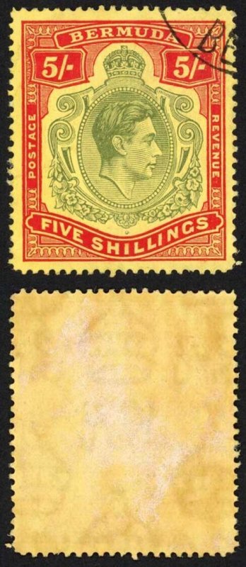 Bermuda SG118b KGVI 5/- Pale Green and Red/yellow Line Perf 14.25 (Ref 15)