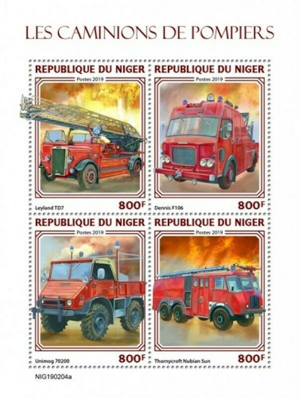 Niger - 2019 Fire Engines on Stamps - 4 Stamp Sheet - NIG190204a