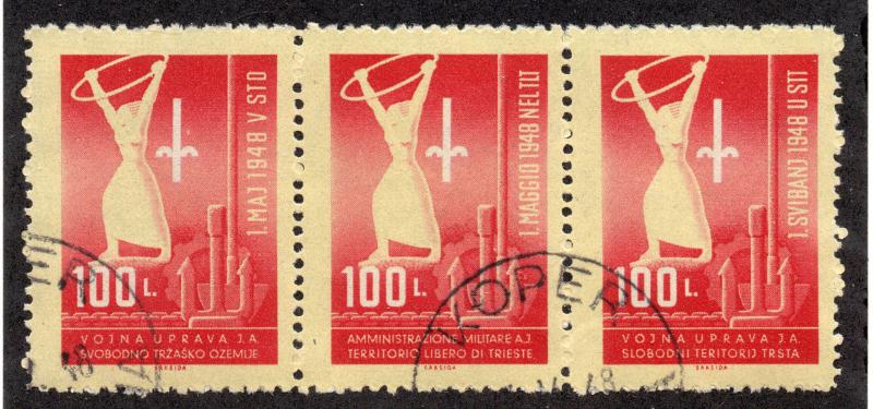 Yugoslavia / Trieste Zone B - Sc# 3a/ Strip of 3 Favor Cancel / Lot 0318286