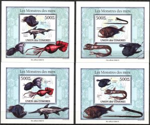 {437} Comoros 2009 Fishes Monsters 4 S/S Deluxe MNH**