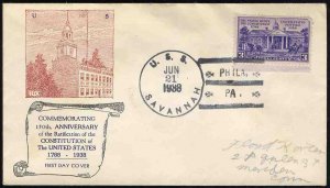 United States First Day Covers #835-15, 1938 3c Consitution Ratification, Ann...