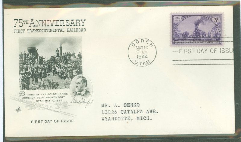 US 922 1944 3c 75th anniv of the Transcontinental Railroad on an addressed (typed) FDC with an artcraft cachet