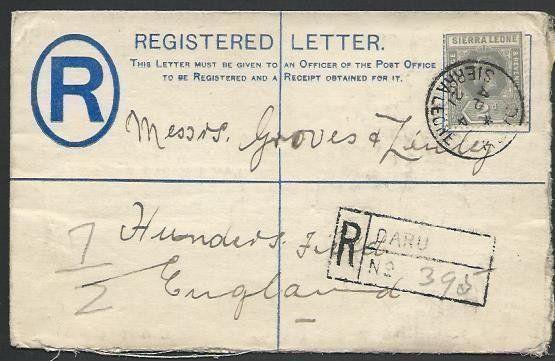 SIERRA LEONE 1921 GV 2d registered envelope used DARU to UK, ..............56978