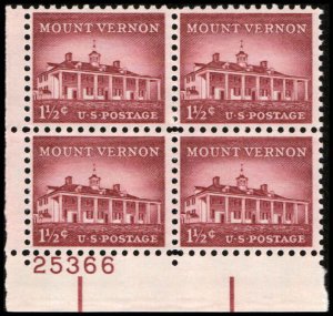 US #1032 MOUNT VERNON MNH LL PLATE BLOCK #25366