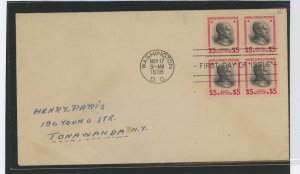 US 834 1938 $5 Calvin Coolidge (presidential/prexy series) block of four on an addressed uncacheted first day cover.