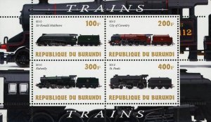 Burundi Train Transportation Locomotive Souvenir Sheet of 4 Stamps Mint NH