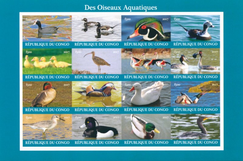 Water Birds on Stamps 2017 MNH Ducks Grebes Mallards Geese Duck 16v IMPF M/S