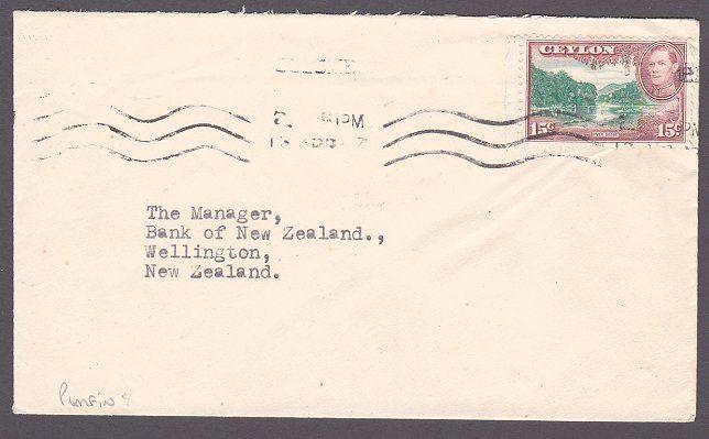 CEYLON 1947 cover to New Zealand, GVI 15c PERFIN Chartered Bank of India...87394