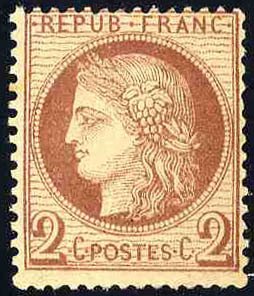 France, 1850-1900 #51 (YT 51) Cat€150, 1870-73 Ceres, 2c red brown, yellowi...