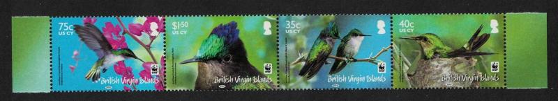 BVI WWF Hummingbird Birds Flowers strip of 4v SG#1278-1281