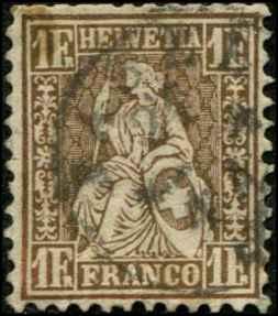 Switzerland SC# 50a Helvetica 1ƒ Yellowish Broonze THIN Short Perfs SCV $550