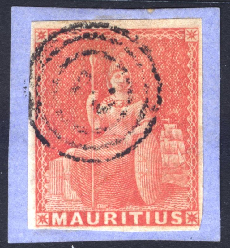 Mauritius 1858 (6d) Red (SG Vermilion) Scott 10 SG 28 VFU on Piece Cat $125+