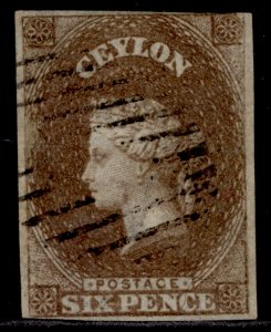 CEYLON QV SG6a, 6d brown, FINE USED. Cat £550.