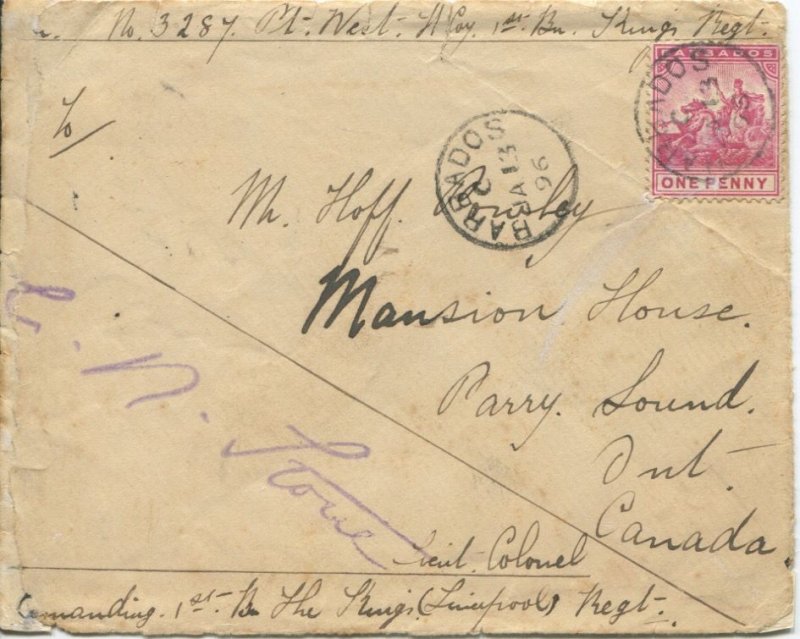 1896 Barbados 1d Soldier's letter to Canada