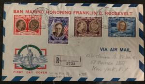 1947 San Marino First Day cover FDC To New York Usa Sc #362-9 Roosevelt Stamp