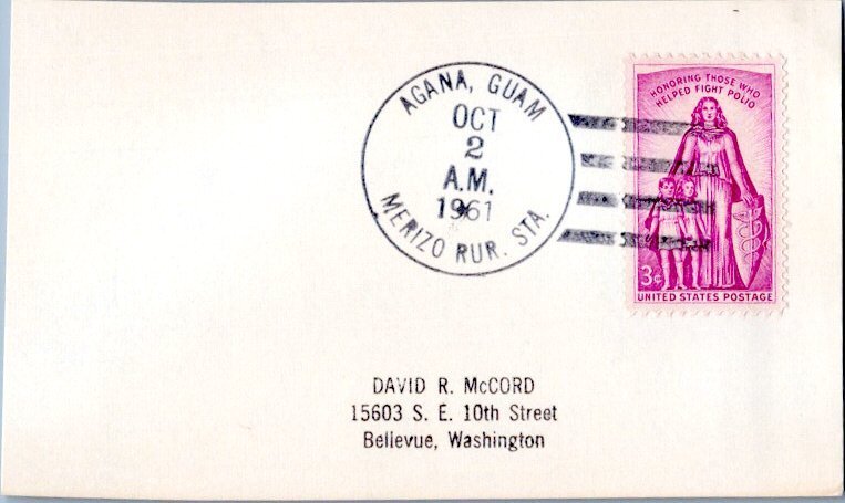 Guam 3c Polio 1961 Agana, Guam, Merizo Rur. Sta. to Bellevue, Wash.  Philatelic.