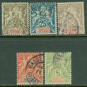 GUADELOUPE : 1900-01. Yvert #40-44 Used. Fresh & Very Fine. Catalog €160.00.