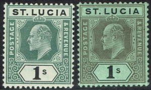 ST LUCIA 1904 KEVII 1/- BOTH COLOURS WMK MULTI CROWN CA