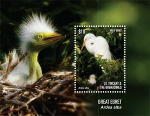 St. Vincent 2015 - Great Egret, Bird, Animal, Fauna, Baby - Souvenir Sheet - MNH