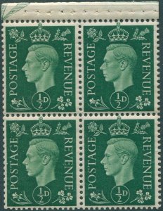 Great Britain 1937 SG462ab ½d green KGVI booklet pane MNH (amd)