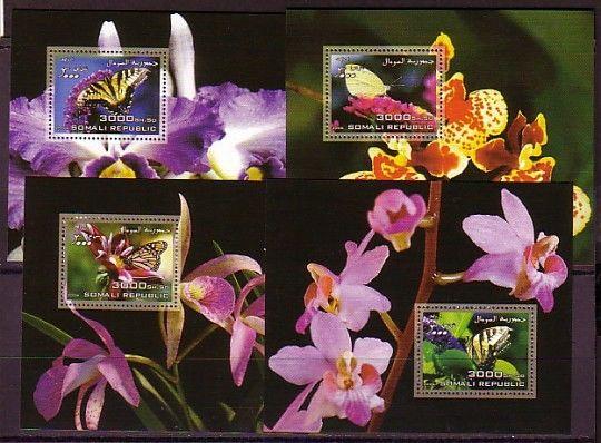 Somali Rep., 2006 issue. Butterflies on 4 s/sheets with Orchids in design. ^