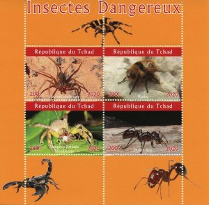 Chad Spiders Stamps 2020 MNH Dangerous Insects Bullet Ants Botfly 4v M/S