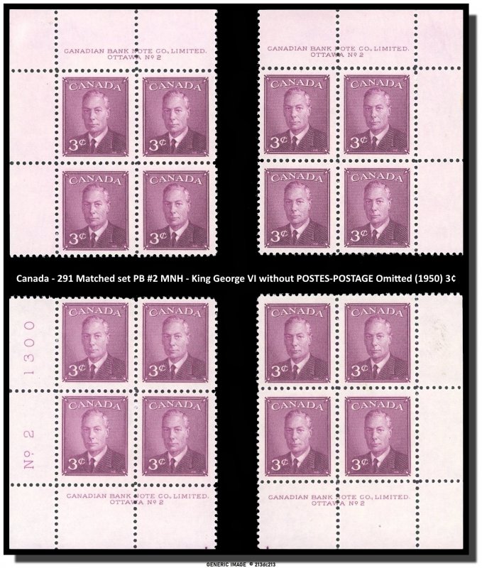 Canada - 291 Matched set PB #2 MNH - KG VI without POSTES-POSTAGE - CV 10$